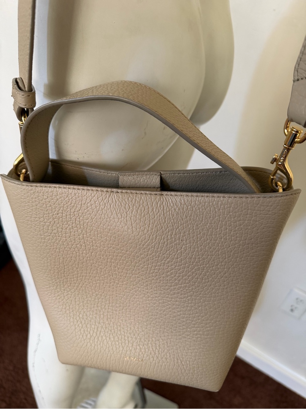 Dagne Dover Beige Pebbled Leather Crossbody Bucket Bag